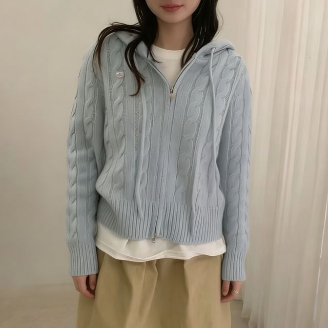 Beaustreet-Plain Hooded Cable-Knit Zip Cardigan