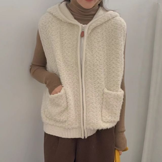 Beaustreet-Plain Hooded Fleece Zip Sweater Vest