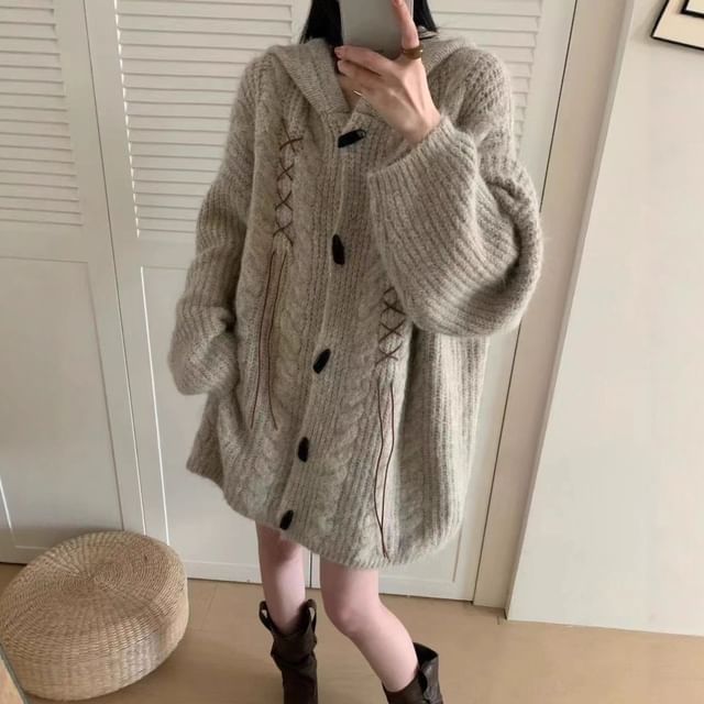Beaustreet-Plain Lace Up Hood Cable Knit Toggle Cardigan