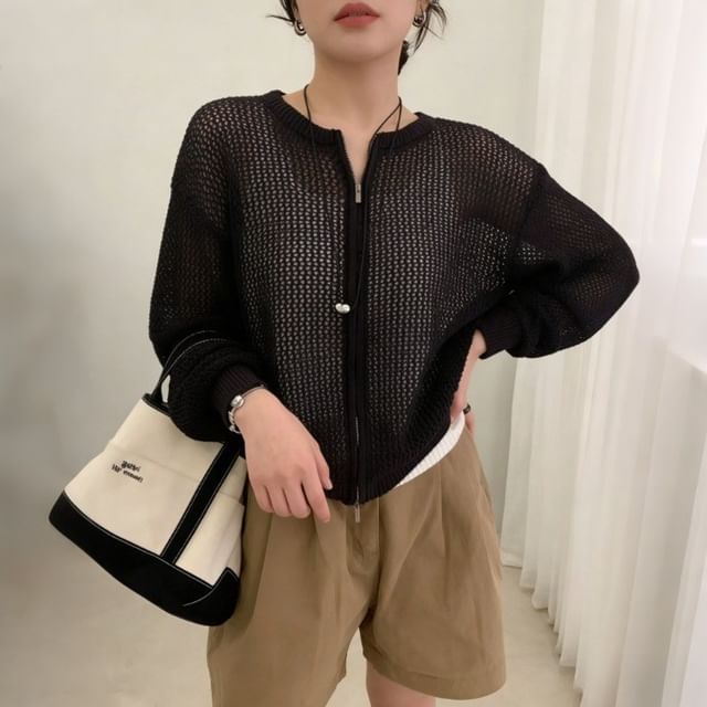 Beaustreet-Plain Perforated Zip Cardigan