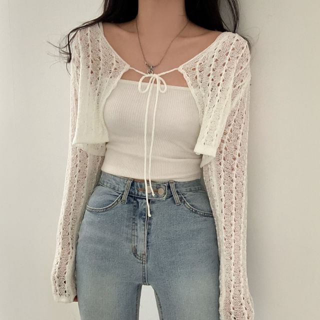 Beaustreet-Plain Pointelle Knit Cropped Lace-Up Cardigan