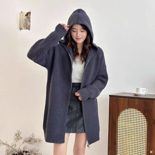 Beaustreet-Plain Ribbed Hooded Zip Cardigan