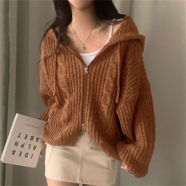 Beaustreet-Plain Zip-Up Cable Knit Hoodie