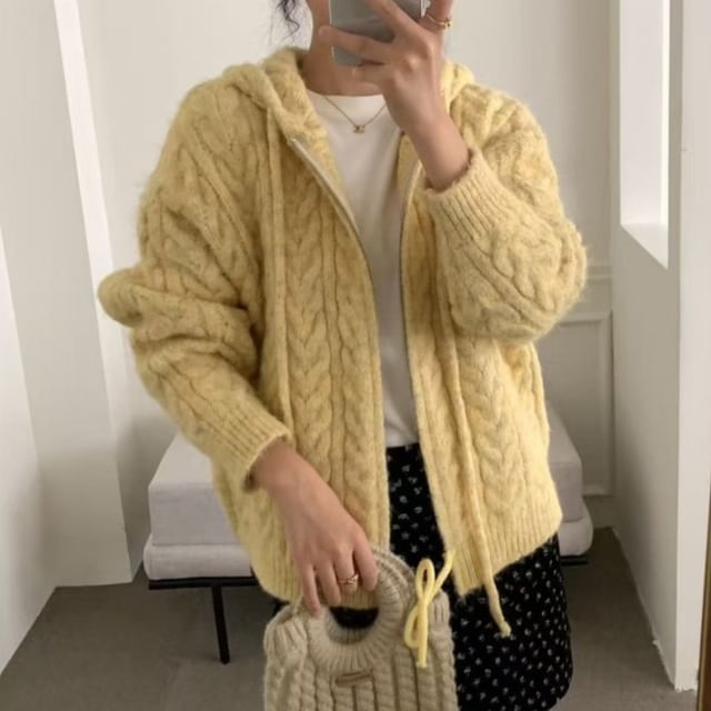 Beaustreet-Plain Zip-Up Cable Knit Hoodie
