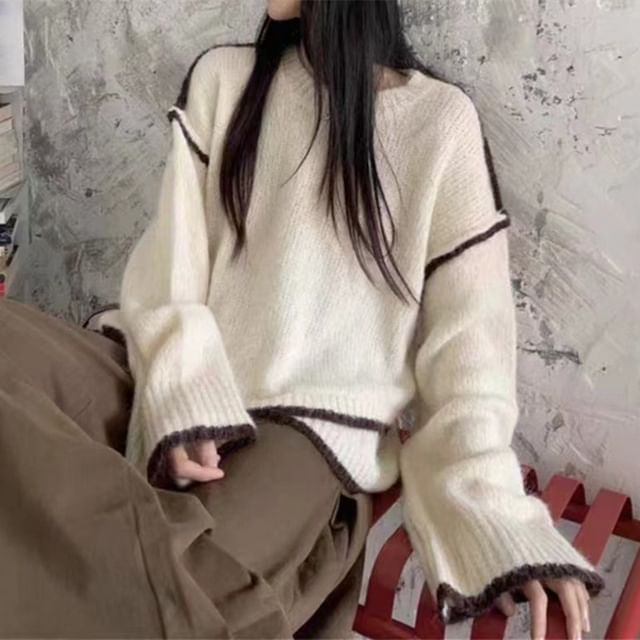 Beaustreet-Round Neck Asymmetrical Contrast Trim Sweater