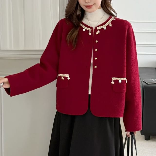 Beaustreet-Round Neck Contrast Trim Button Up Wool Jacket