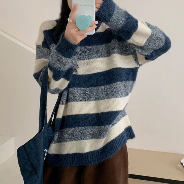 Beaustreet-Round Neck Drop Shoulder Striped Oversized Sweater