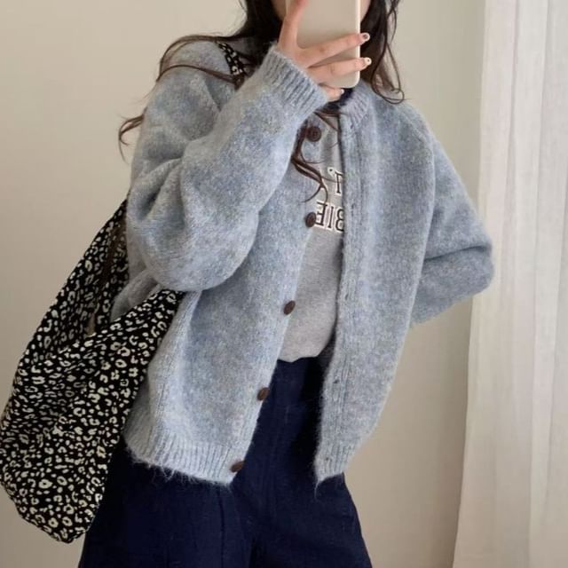 Beaustreet-Round Neck Plain Button Up Cardigan