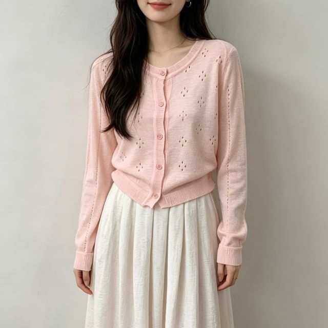 Beaustreet-Round Neck Plain Pointelle Cardigan