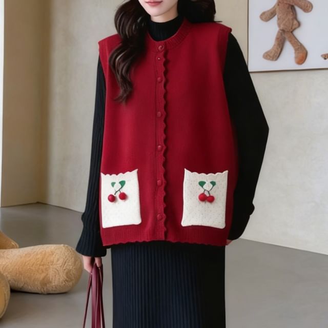 Beaustreet-Round Neck Pocket Button Up Sweater Vest