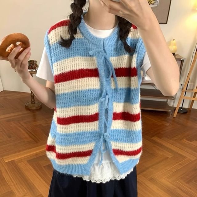 Beaustreet-Round Neck Striped Tie Front Sweater Vest