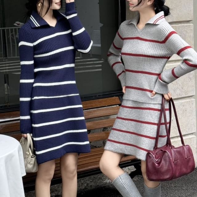 Beaustreet-Set Collared Striped Ribbed Sweater High Rise Knit Mini A-Line Skirt