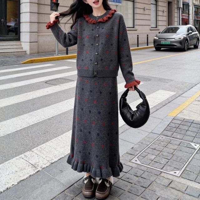 Beaustreet-Set Crew Neck Dotted Contrast Frill Trim Button-Up Cardigan High Rise Midi A-Line Skirt
