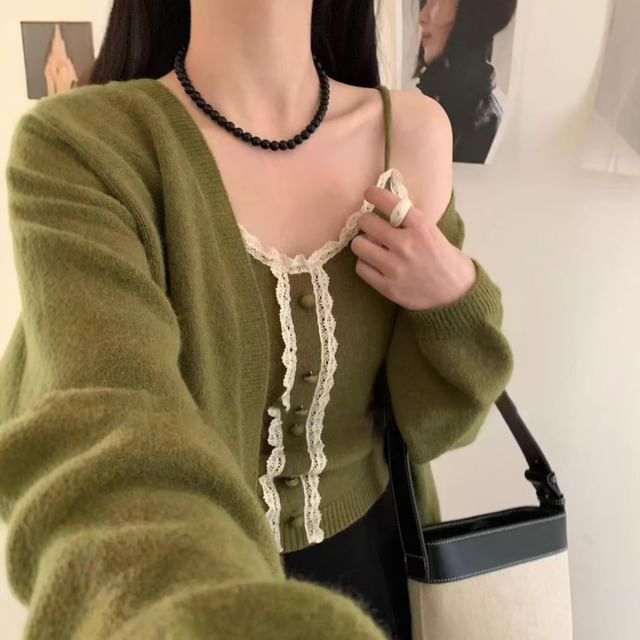 Beaustreet-Set Lace Trim Knit Cami Top Cardigan