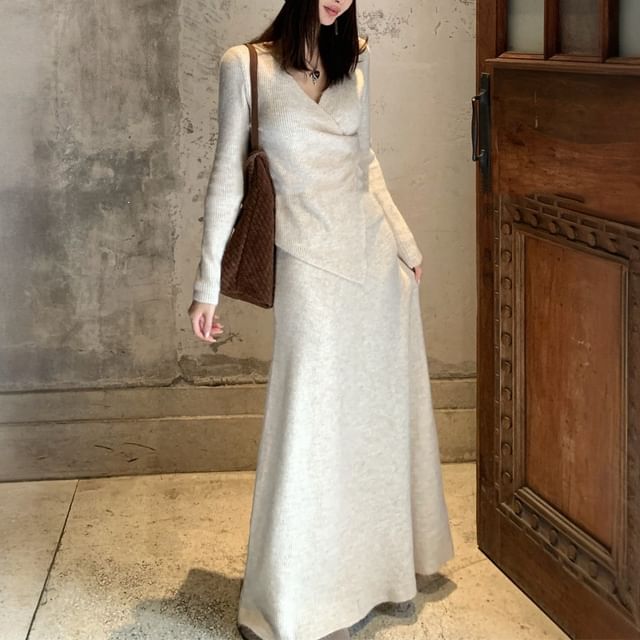 Beaustreet-Set Long-Sleeve V-Neck Plain Asymmetrical Knit Top High Waist Maxi A-Line Skirt Skinny Scarf