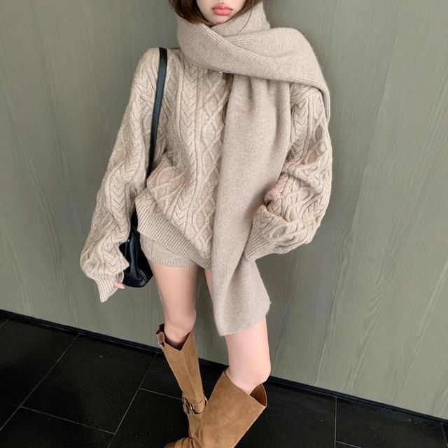 Beaustreet-Set Round Neck Plain Cable Knit Sweater Mid Rise Shorts Scarf