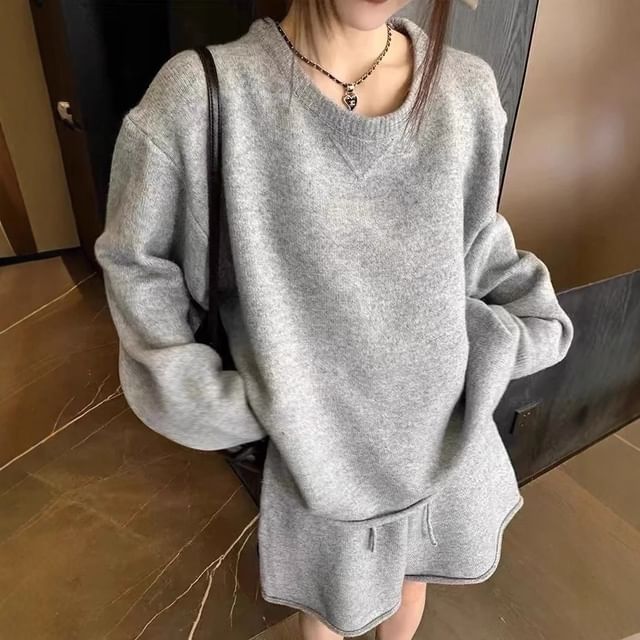 Beaustreet-Set Round Neck Plain Sweater Drawstring Waist Shorts