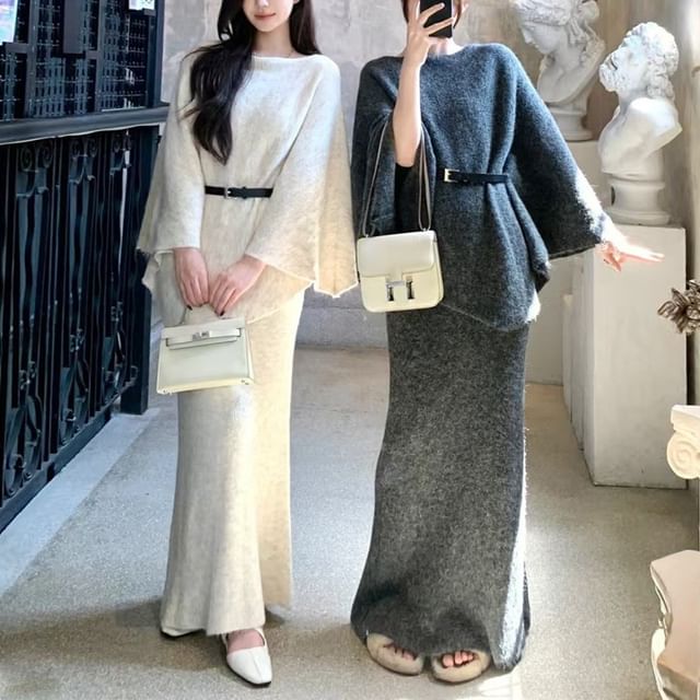 Beaustreet-Set Round Neck Plain Sweater High Rise Plain Maxi Pencil Skirt