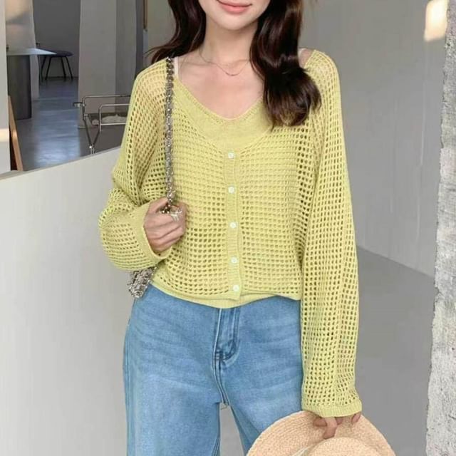 Beaustreet-Set V-Neck Perforated Button-Up Plain Crop Cardigan Camisole Top