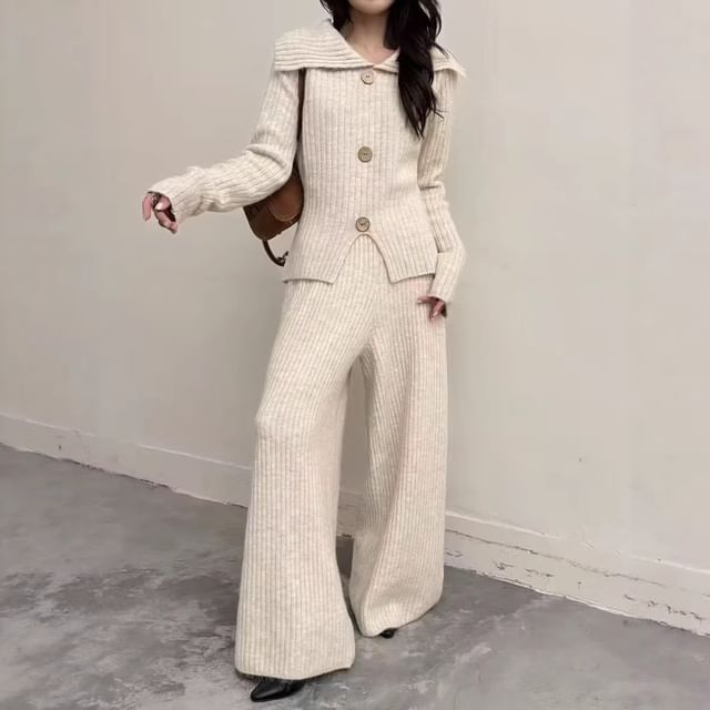 Beaustreet-Set Wide Collar Plain Button Accent Slit Sweater High Rise Wide Leg Pants