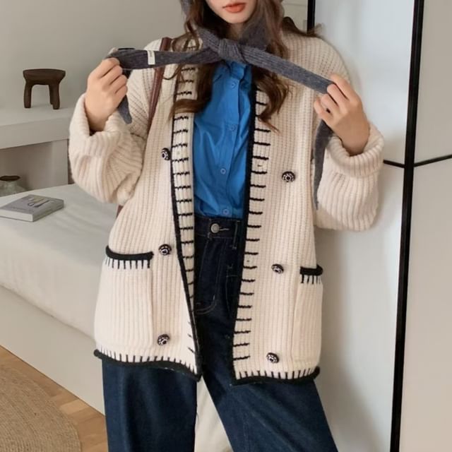 Beaustreet-Shawl Collar Two Tone Double Breasted Cardigan