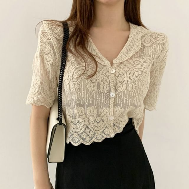 Beaustreet-Short-Sleeve Button-Up Crochet Lace Top
