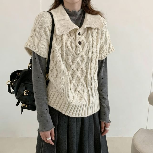 Beaustreet-Short-Sleeve Collar Plain Cable-Knit Sweater