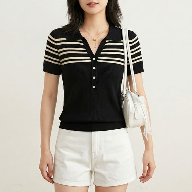 Beaustreet-Short-Sleeve Collared Striped Knit Polo Shirt
