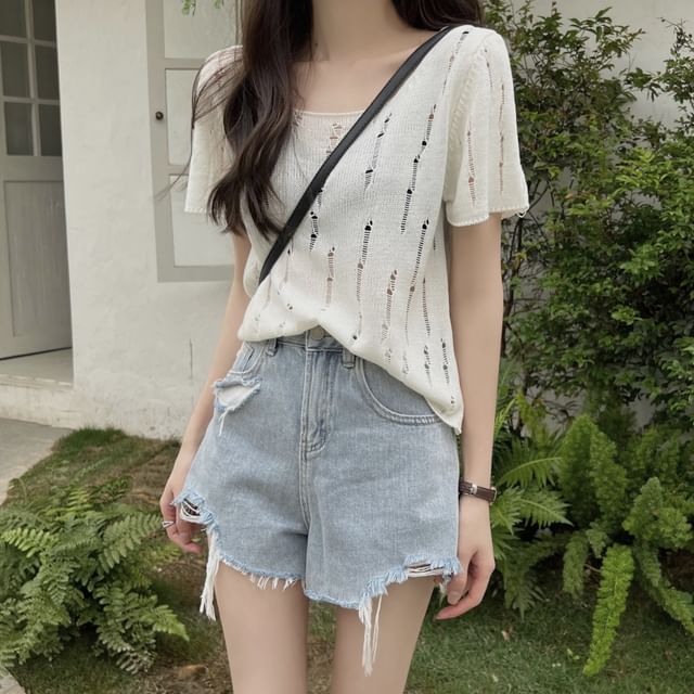 Beaustreet-Short-Sleeve Crew Neck Plain Distressed Knit Top