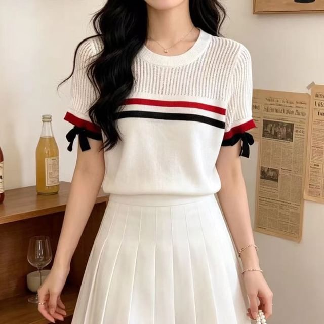 Beaustreet-Short-Sleeve Crewneck Ribbed Knit Top