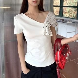 Beaustreet-Short-Sleeve Off Shoulder Dotted Panel Knit Top