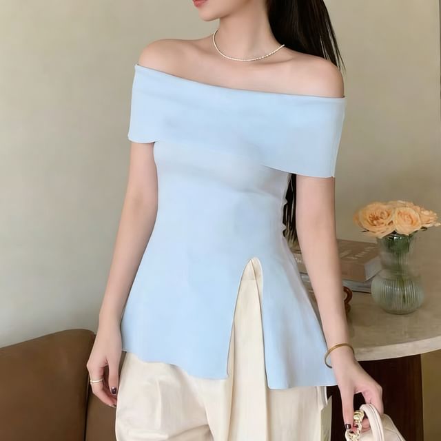 Beaustreet-Short-Sleeve Off Shoulder Plain Slit Tunic