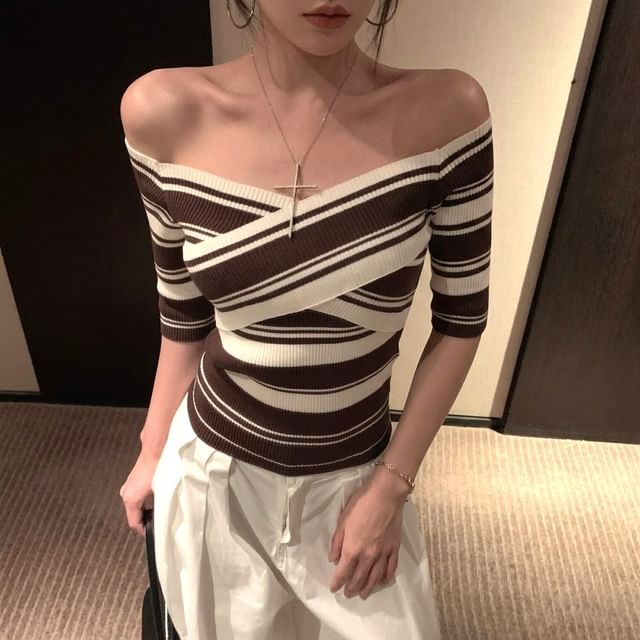 Beaustreet-Short-Sleeve Off Shoulder Striped Knit Top