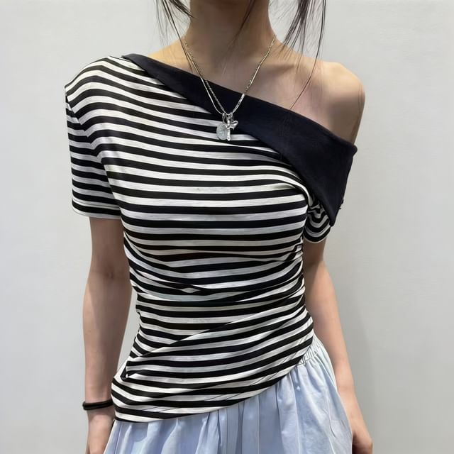 Beaustreet-Short-Sleeve Off Shoulder Striped Knit Top
