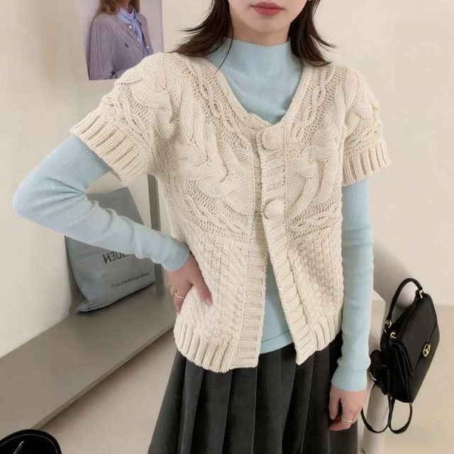 Beaustreet-Short-Sleeve Plain Button-Up Cable Knit Top