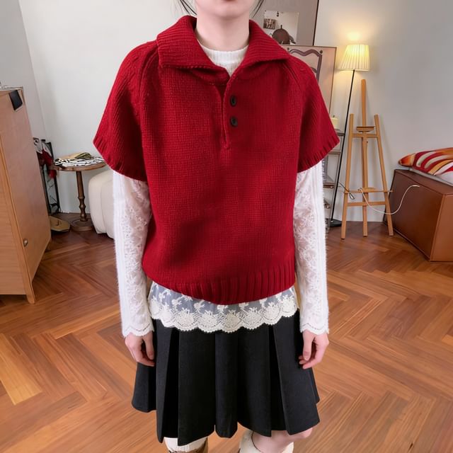 Beaustreet-Short-Sleeve Plain Polo-Neck Knit Top