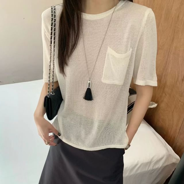 Beaustreet-Short Sleeve Round Neck Plain Pocket T-Shirt
