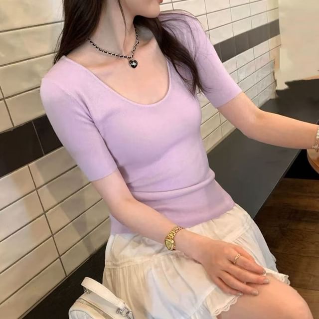 Beaustreet-Short Sleeve Scoop Neck Plain Knit Top
