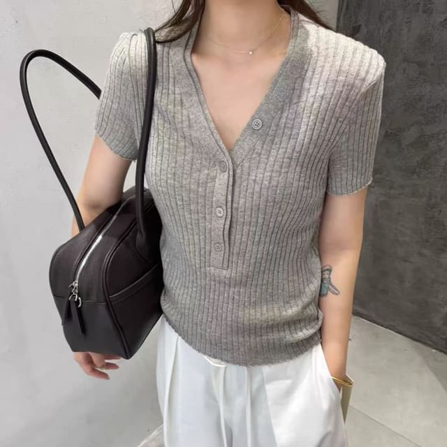 Beaustreet-Short Sleeve V-Neck Plain Button Ribbed Knit Top