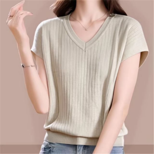 Beaustreet-Short-Sleeve V-Neck Plain Knit Top