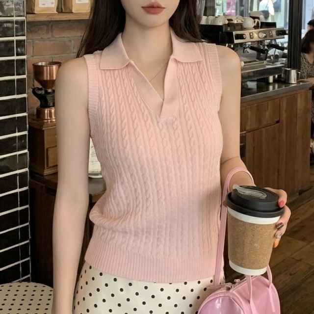 Beaustreet-Sleeveless Collared V-Neck Plain Cable Knit Top