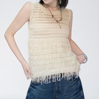 Beaustreet-Sleeveless Crew Neck Plain Fluffy Panel Knit Top