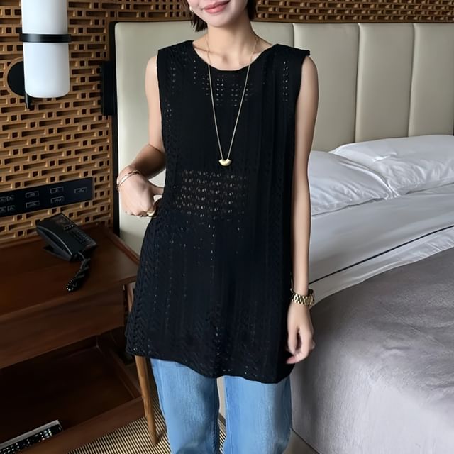 Beaustreet-Sleeveless Crewneck Perforated Plain Knit Top
