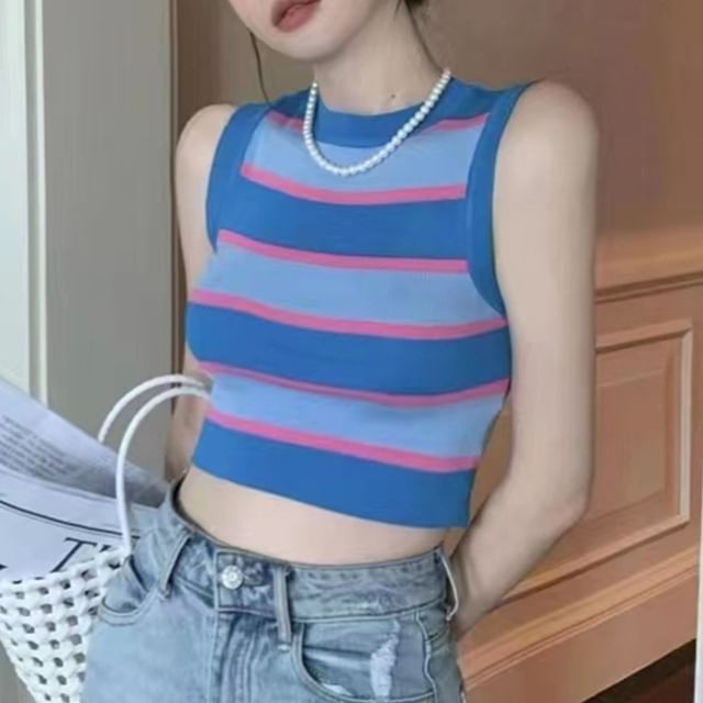 Beaustreet-Sleeveless Round Neck Striped Crop Knit Top