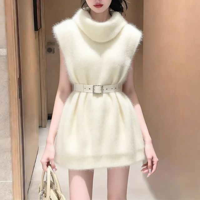 Beaustreet-Sleeveless Turtleneck Plain Fluffy Sweater Vest