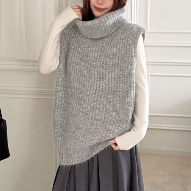 Beaustreet-Sleeveless Turtleneck Plain Sweater Vest