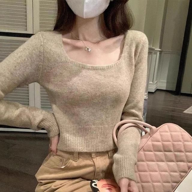 Beaustreet-Square Neck Plain Sweater