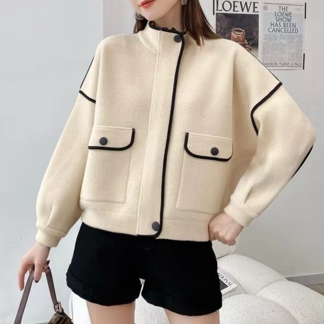 Beaustreet-Stand Collar Contrast Trim Zip Cardigan