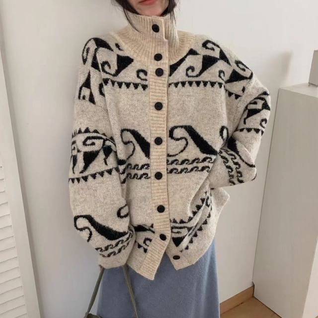 Beaustreet-Stand Collar Jacquard Button-Up Cardigan