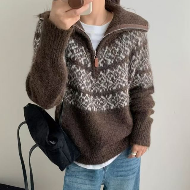 Beaustreet-Stand Collar Jacquard Half-Zip Sweater